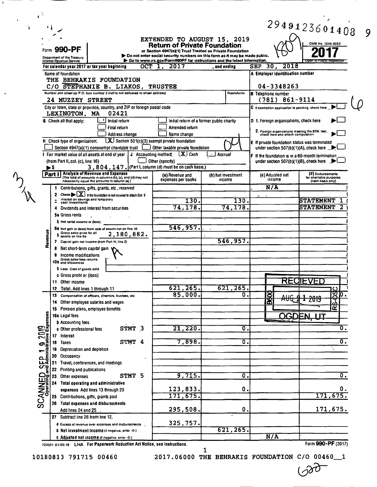 Image of first page of 2017 Form 990PF for The Behrakis Foundation