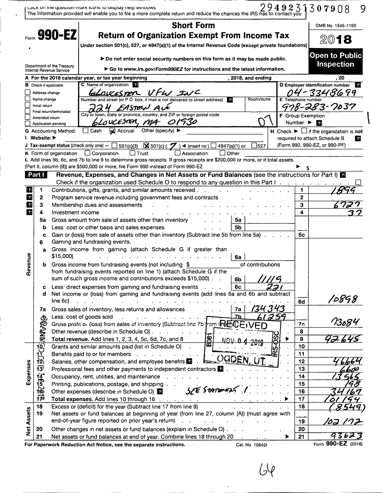 Image of first page of 2018 Form 990EO for Gloucester VFW