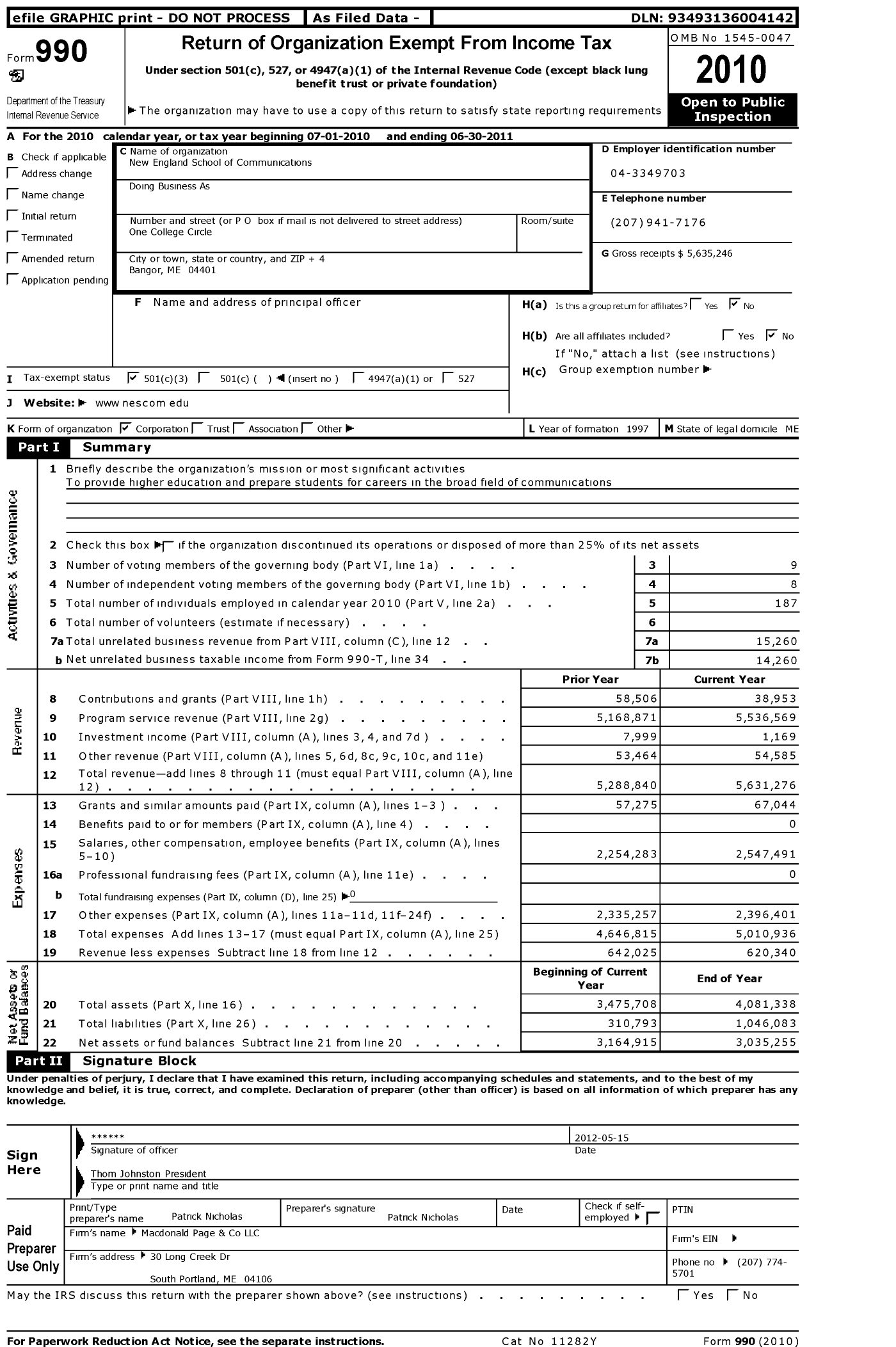 Image of first page of 2010 Form 990 for New England School of Communications