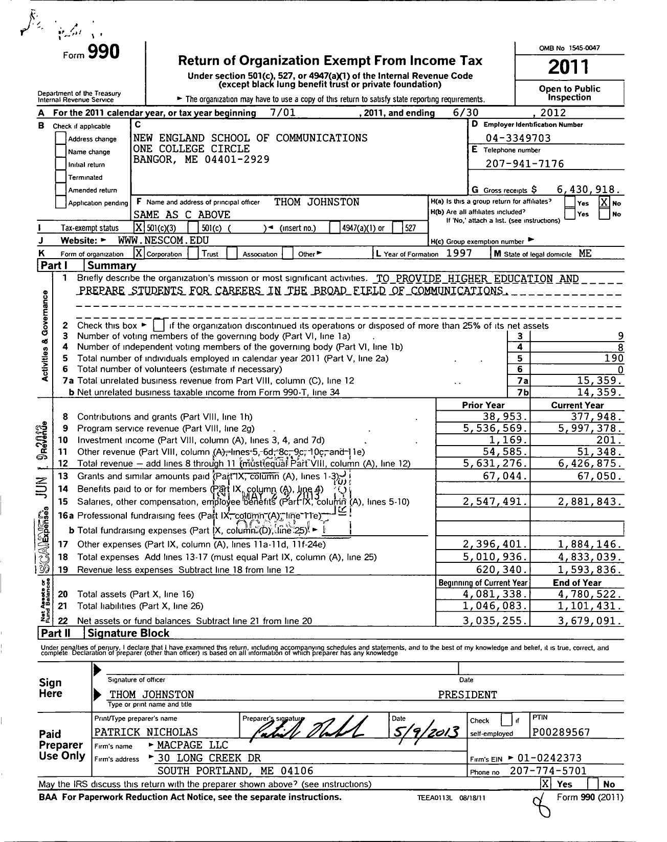 Image of first page of 2011 Form 990 for New England School of Communications