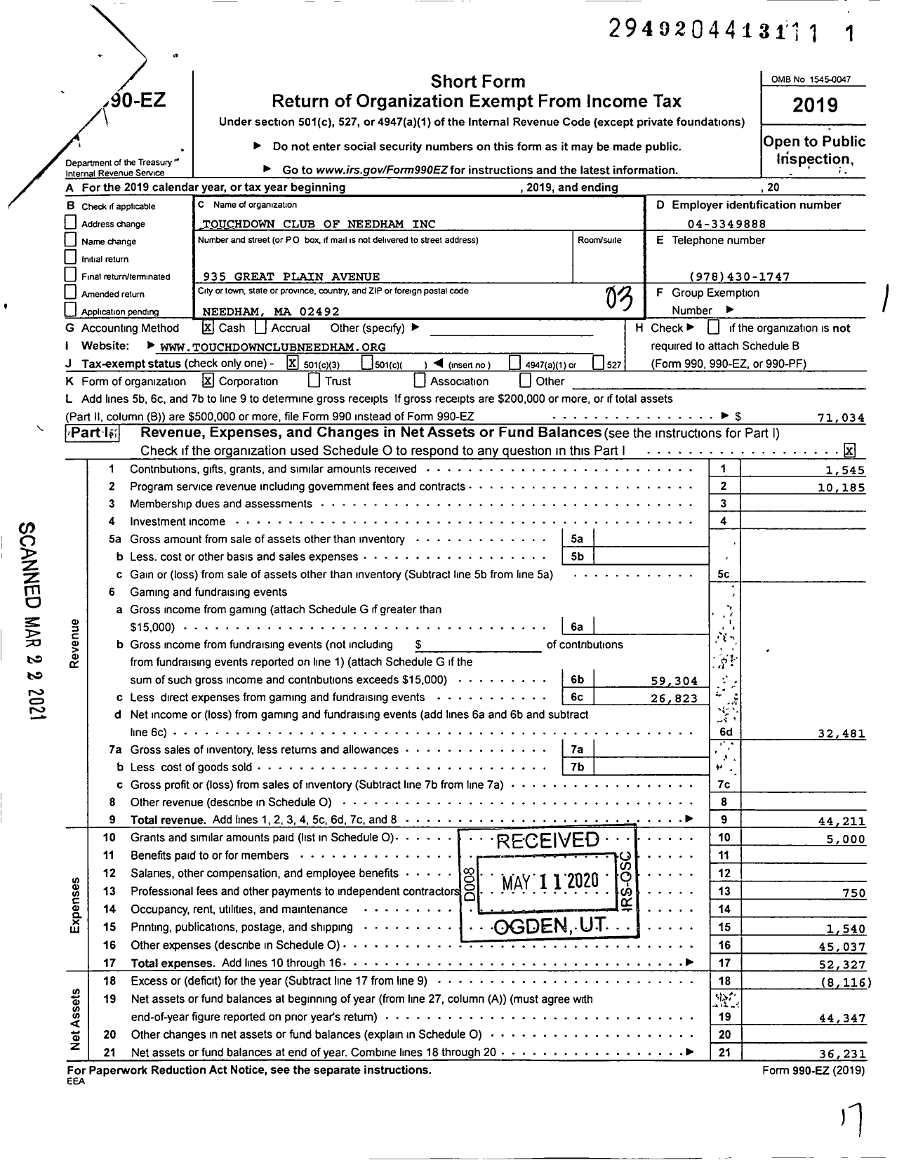 Image of first page of 2019 Form 990EZ for Touchdown Club of Needham