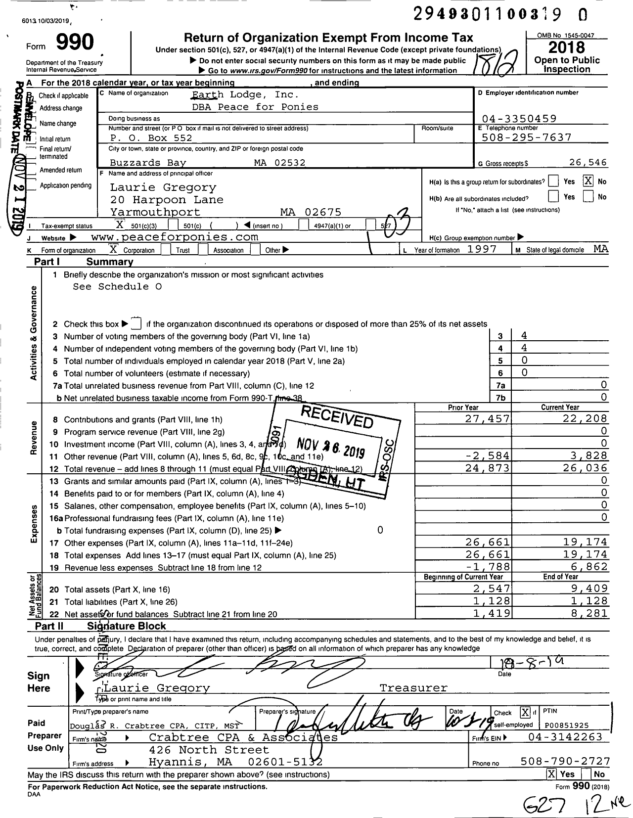 Image of first page of 2018 Form 990 for Earth Lodge