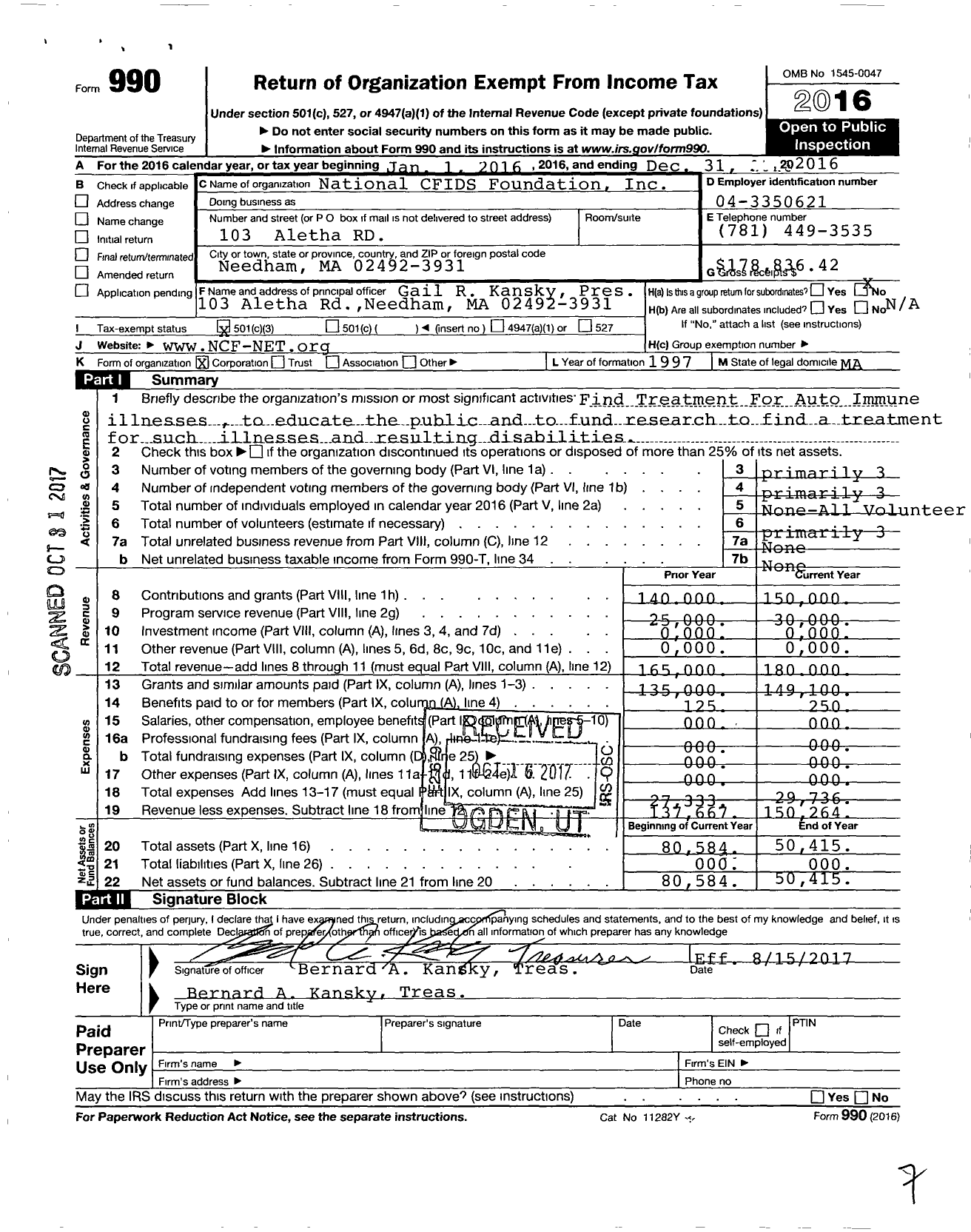 Image of first page of 2016 Form 990 for National Cfids Foundation