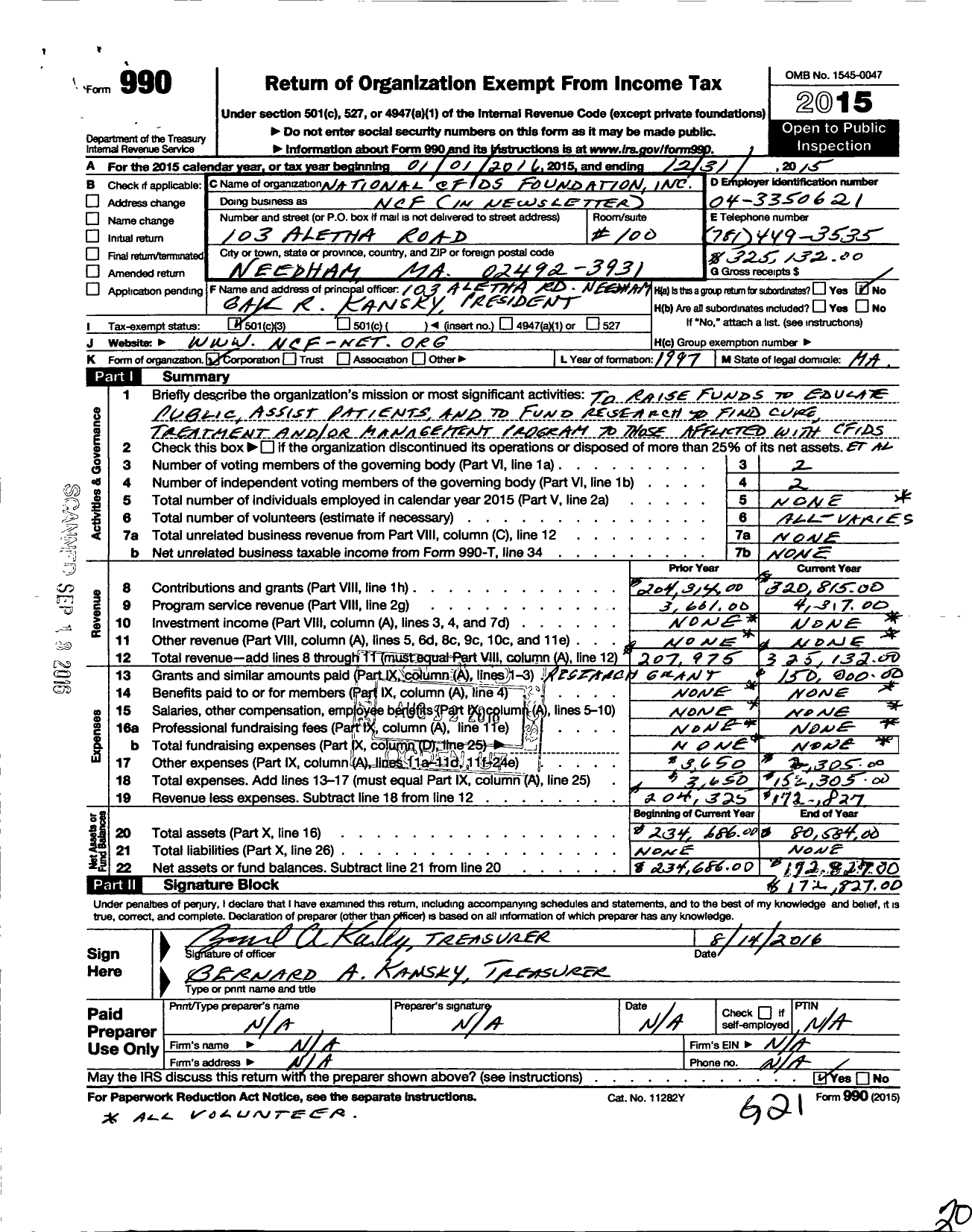 Image of first page of 2015 Form 990 for National Cfids Foundation