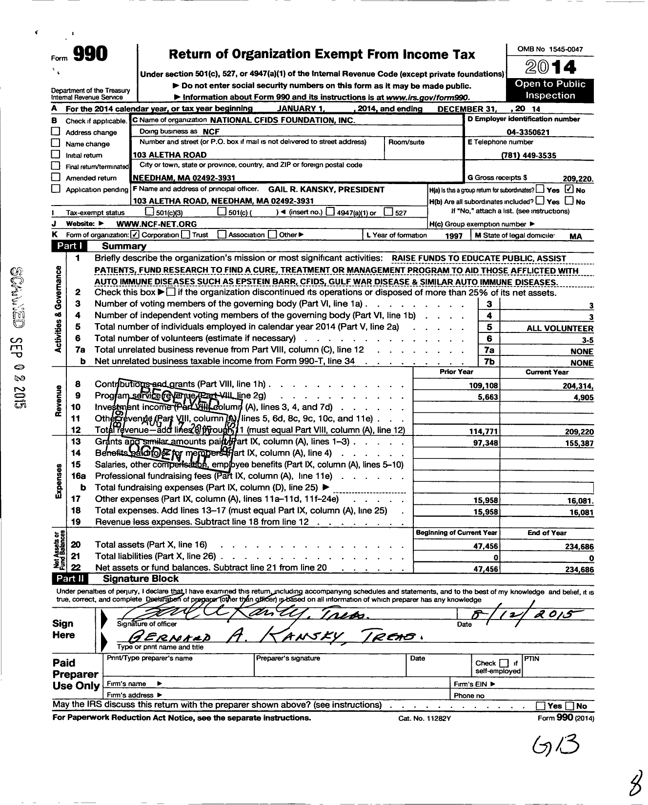 Image of first page of 2014 Form 990O for National Cfids Foundation