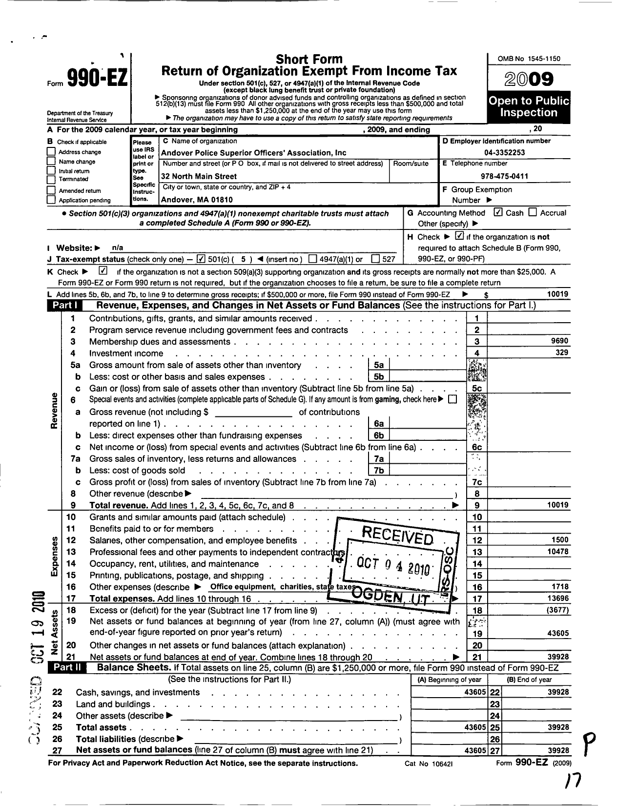 Image of first page of 2009 Form 990EO for New England Police Benevolent Association / Andover Police Superior Officers As