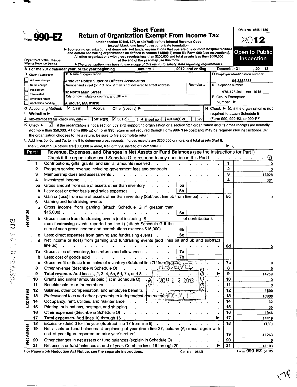 Image of first page of 2012 Form 990EO for New England Police Benevolent Association / Andover Police Superior Officers As