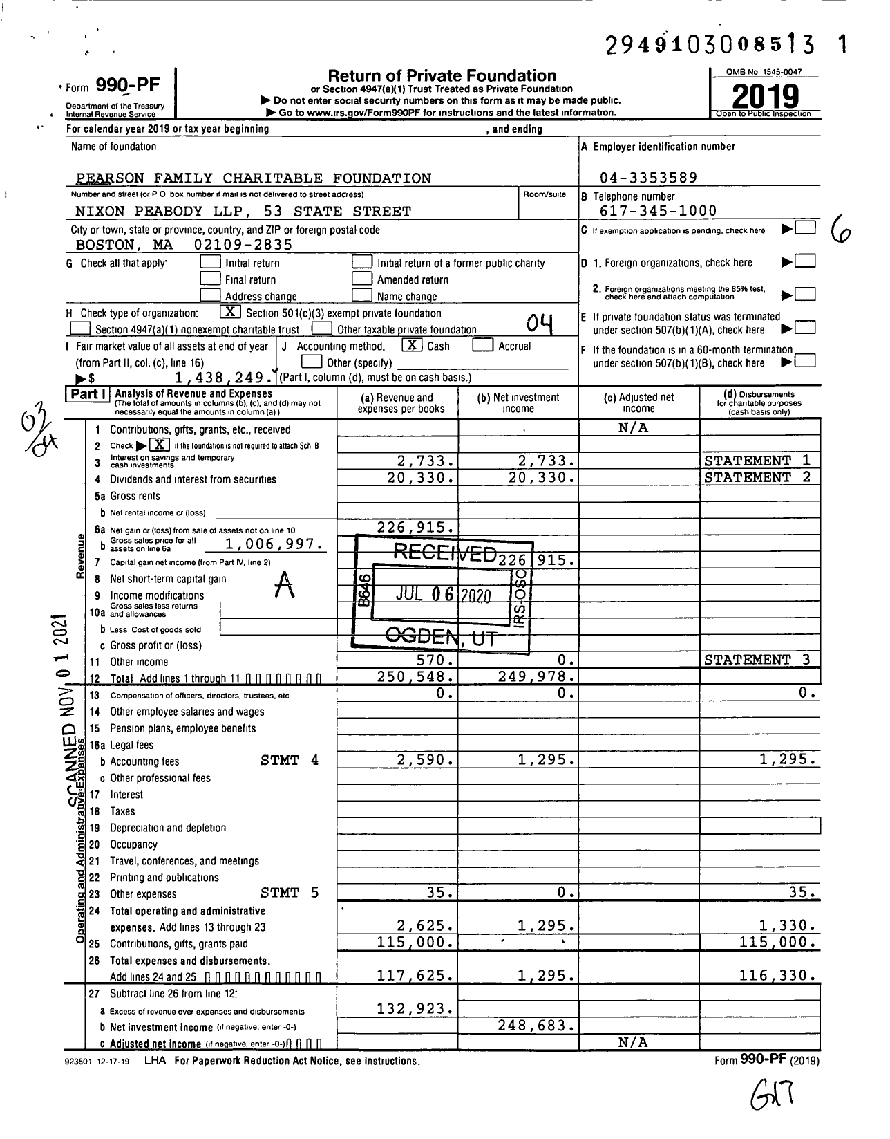 Image of first page of 2019 Form 990PF for Pearson Family Charitable Foundation