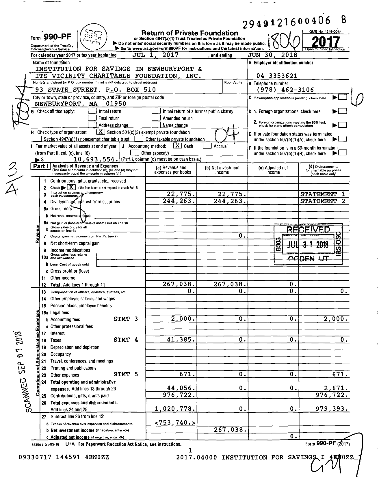 Image of first page of 2017 Form 990PF for Institution for Savings in Newburyport and Its Vicinity Charitable Foundation