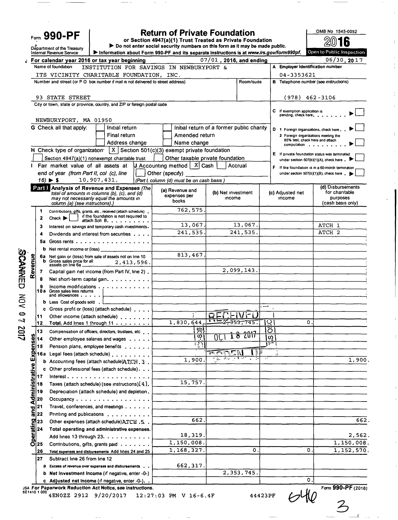 Image of first page of 2016 Form 990PF for Institution for Savings in Newburyport and Its Vicinity Charitable Foundation