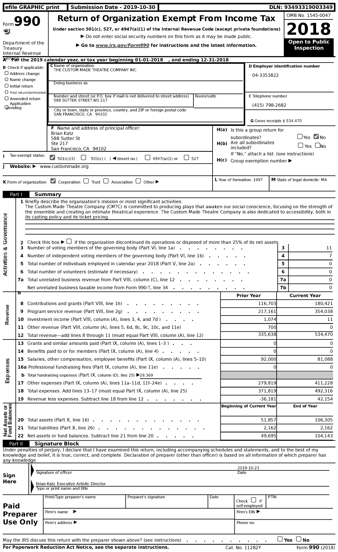 Image of first page of 2018 Form 990 for The Custom Made Theatre Company