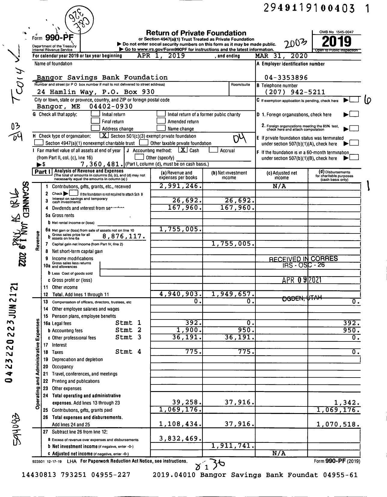 Image of first page of 2019 Form 990PF for Bangor Savings Bank Foundation