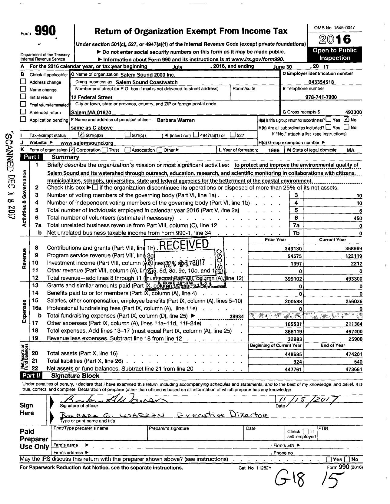 Image of first page of 2016 Form 990 for SALEM SOUND Coastwatch