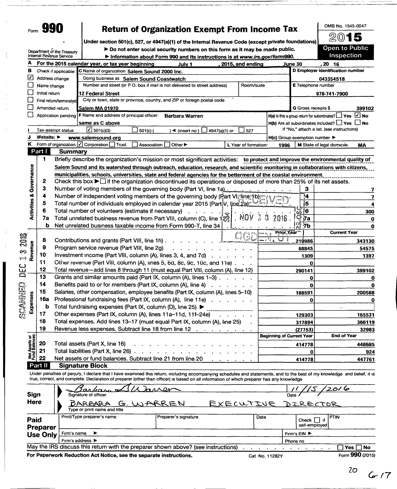 Image of first page of 2015 Form 990 for SALEM SOUND Coastwatch