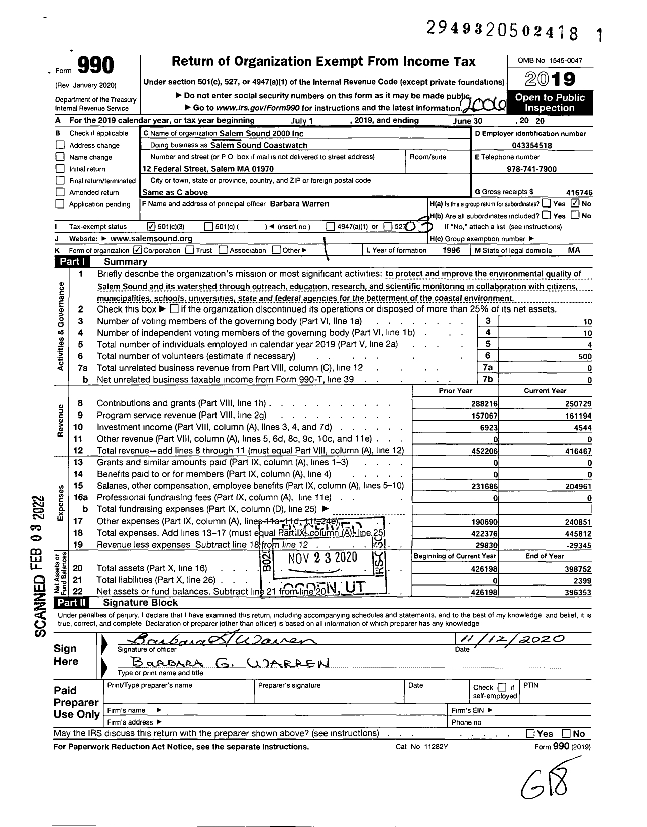 Image of first page of 2019 Form 990 for SALEM SOUND Coastwatch