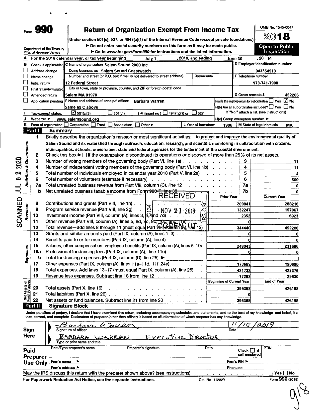 Image of first page of 2018 Form 990 for SALEM SOUND Coastwatch