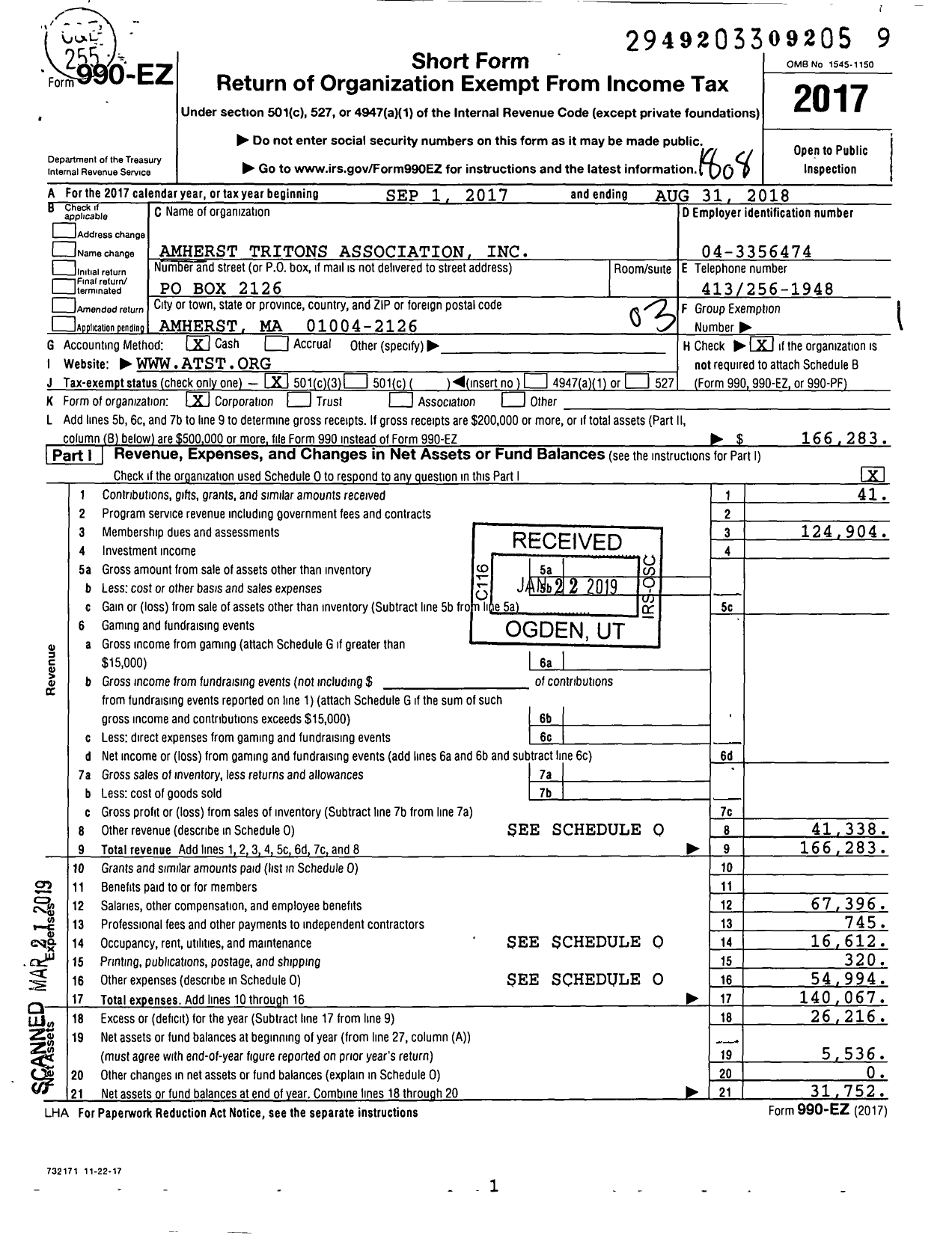 Image of first page of 2017 Form 990EZ for Amherst Tritons Association