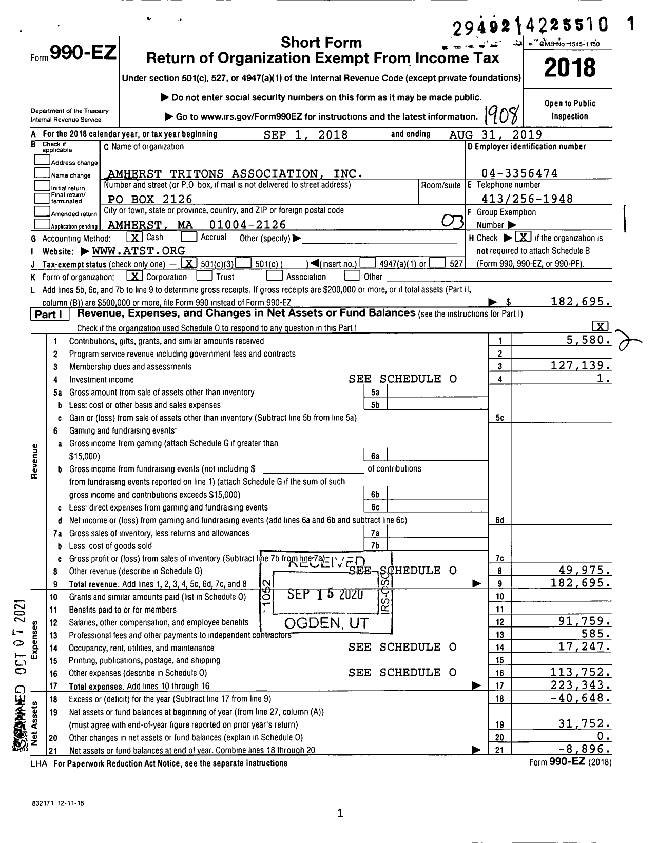 Image of first page of 2018 Form 990EZ for Amherst Tritons Association