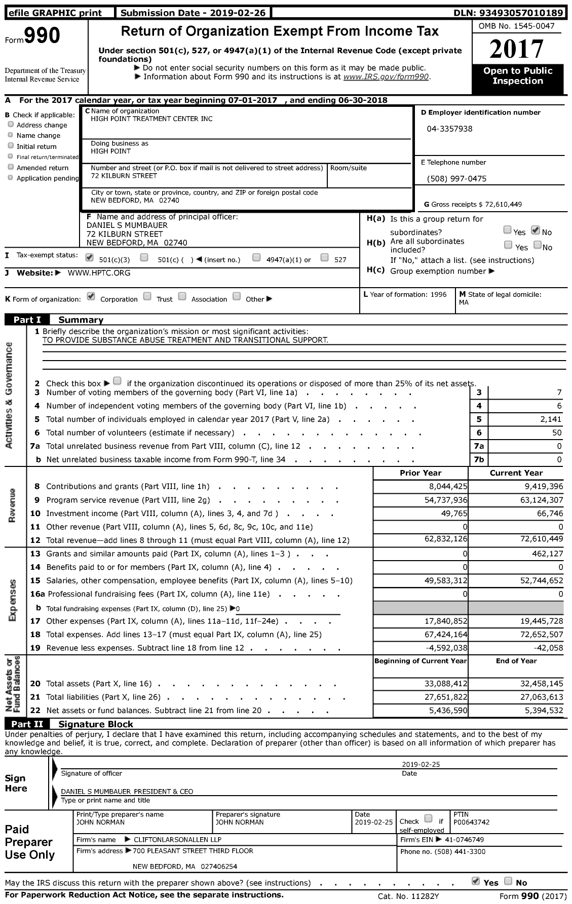 Image of first page of 2017 Form 990 for High Point Treatment Center
