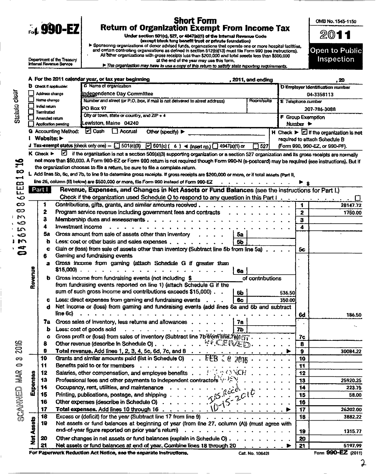 Image of first page of 2011 Form 990EO for Independence Day Committee