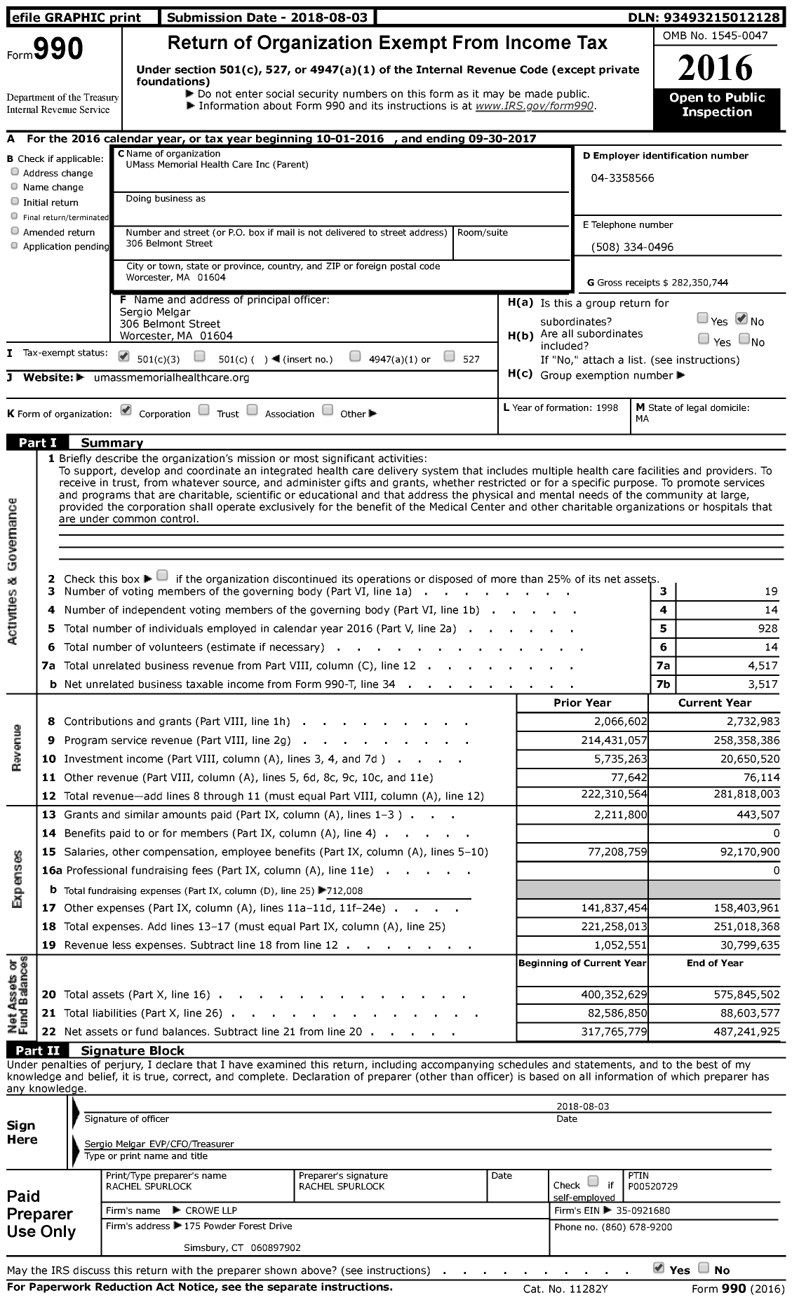 Image of first page of 2016 Form 990 for UMass Memorial Health Care (UMMHC)