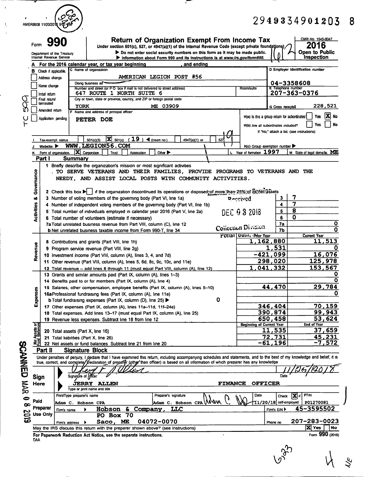 Image of first page of 2016 Form 990O for American Legion Post 56 Ramsdell Rogers Post 56