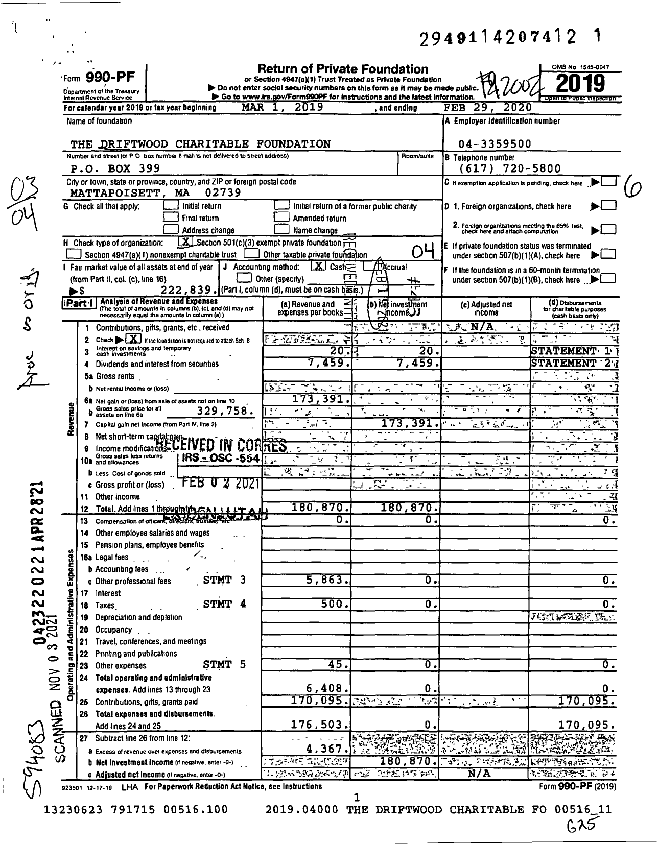 Image of first page of 2019 Form 990PF for The Driftwood Charitable Foundation