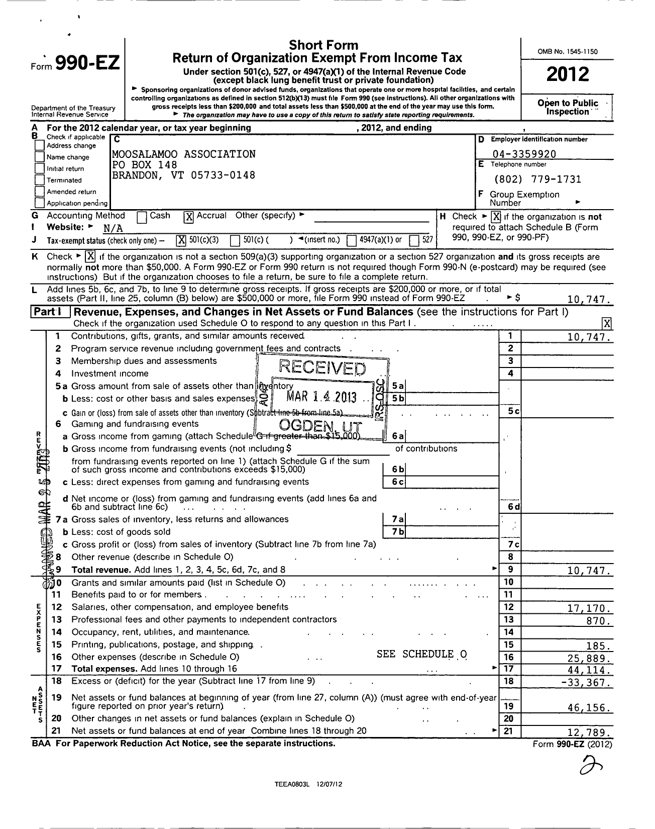 Image of first page of 2012 Form 990EZ for Moosalamoo Association