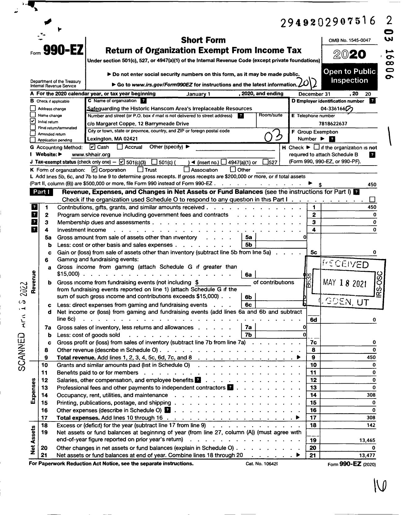 Image of first page of 2020 Form 990EZ for Safeguarding the Historic Hanscom Areas Irreplaceable Resources