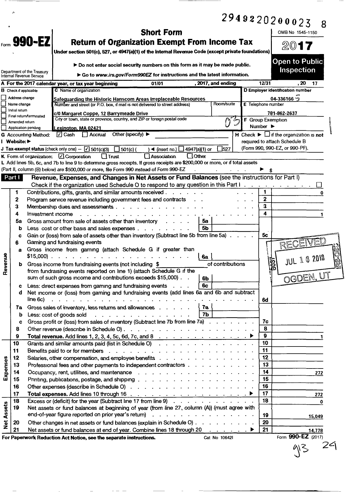 Image of first page of 2017 Form 990EZ for Safeguarding the Historic Hanscom Areas Irreplaceable Resources