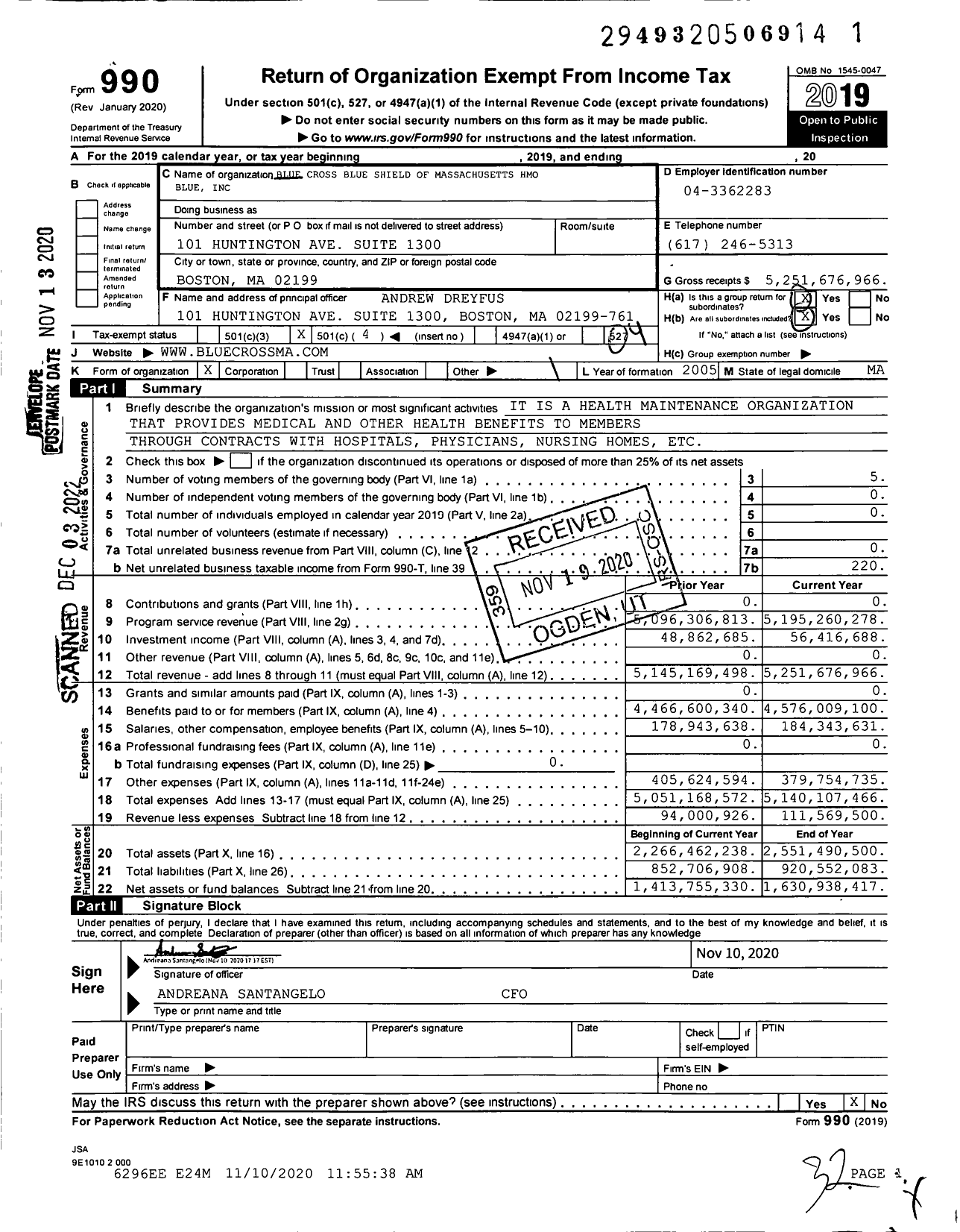 Image of first page of 2019 Form 990O for Blue Cross Blue Shield of Massachusetts HMO Blue