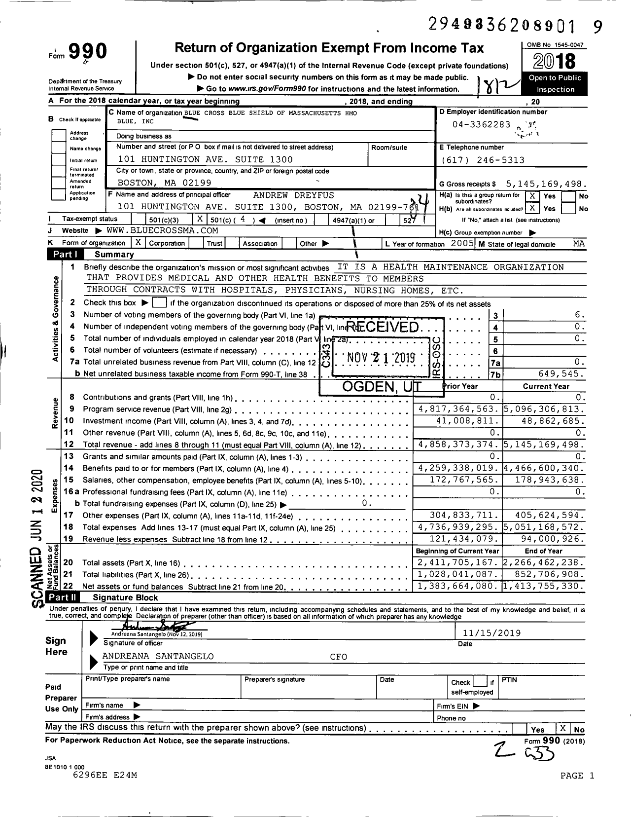 Image of first page of 2018 Form 990O for Blue Cross Blue Shield of Massachusetts HMO Blue