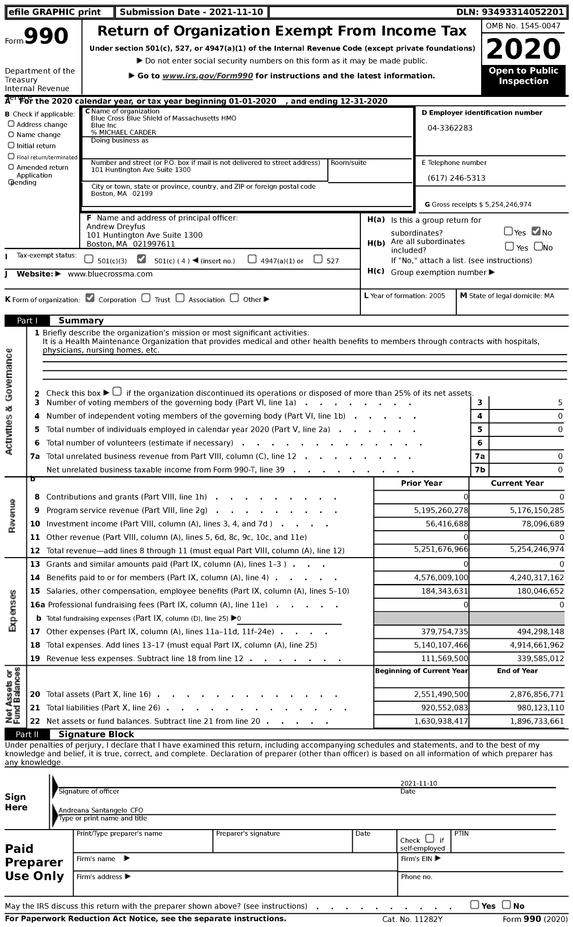 Image of first page of 2020 Form 990 for Blue Cross Blue Shield of Massachusetts HMO Blue