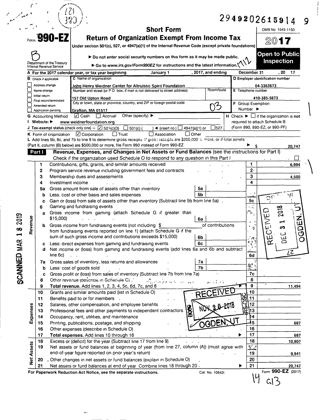 Image of first page of 2017 Form 990EZ for John Henry Weidner Center for Altruistic Spirit Foundation