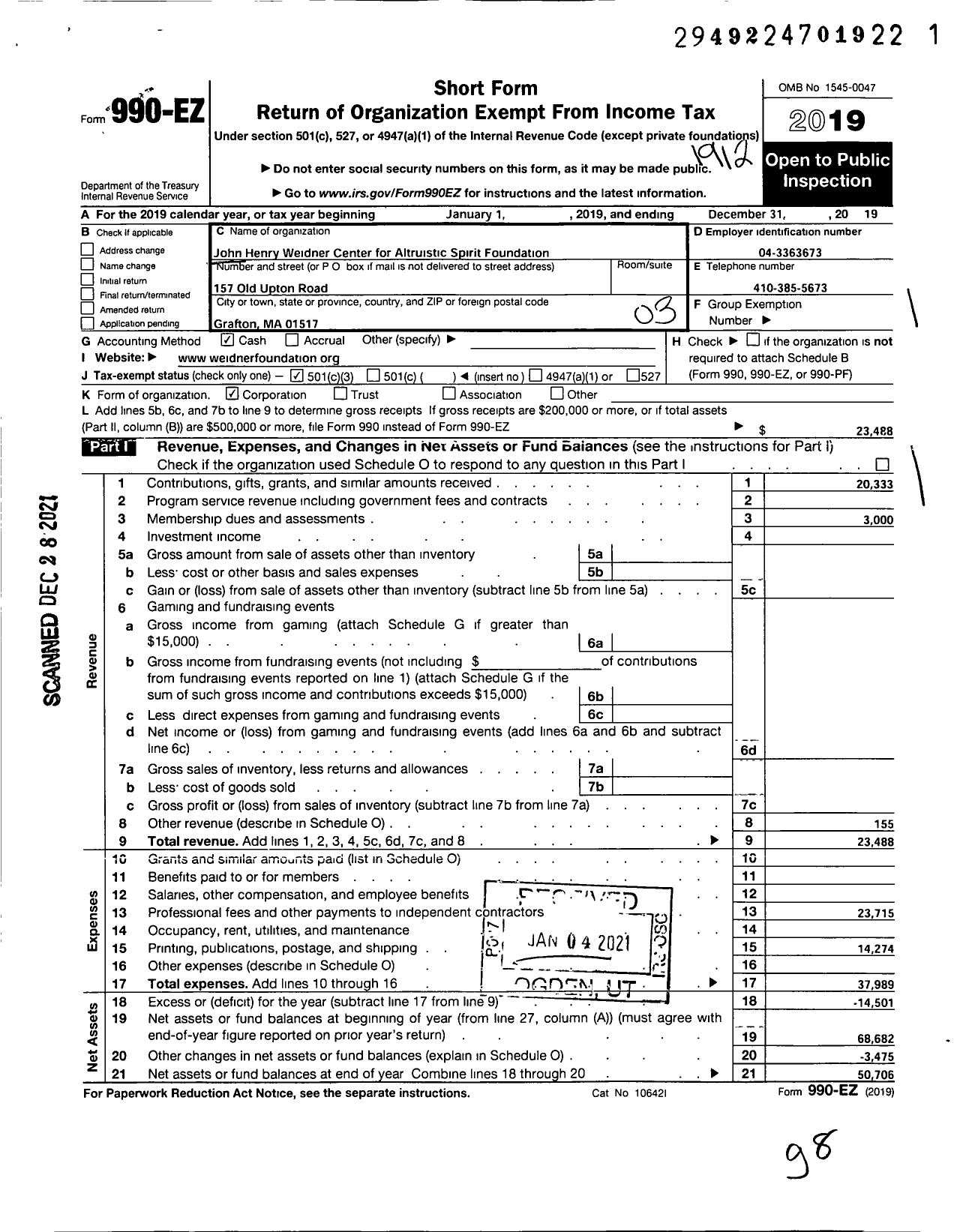 Image of first page of 2019 Form 990EZ for John Henry Weidner Center for Altruistic Spirit Foundation