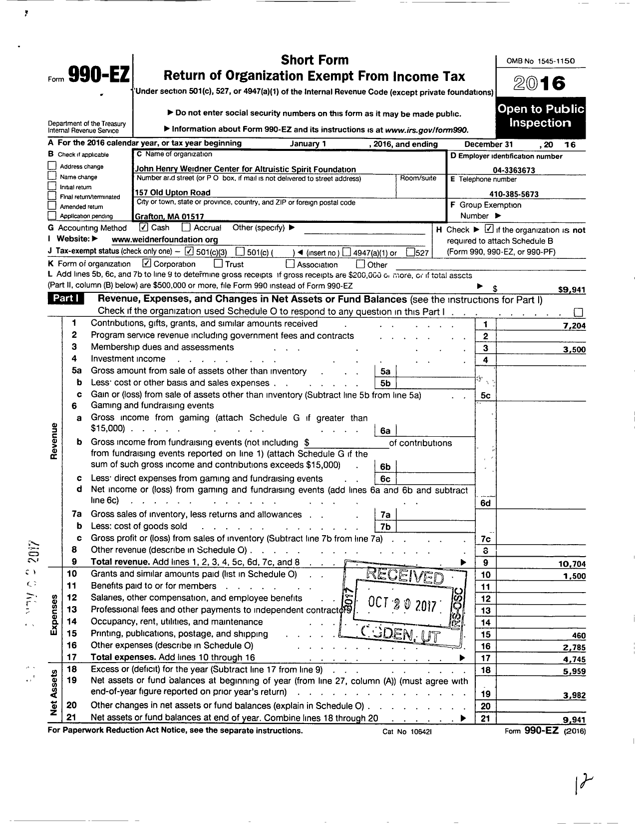 Image of first page of 2016 Form 990EZ for John Henry Weidner Center for Altruistic Spirit Foundation