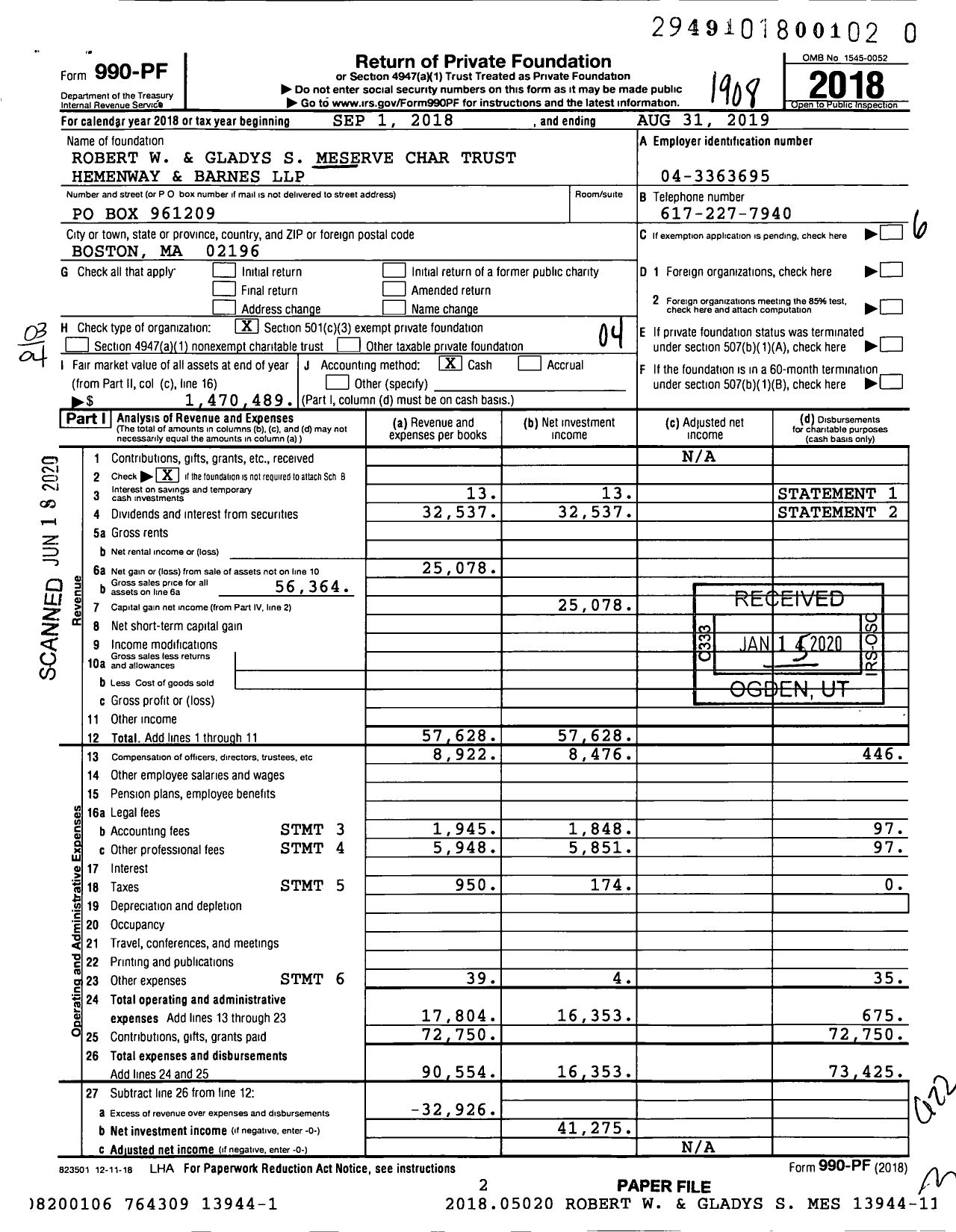 Image of first page of 2018 Form 990PR for Robert W and Gladys S Meserve Char Trust Hemenway and Barnes LLP