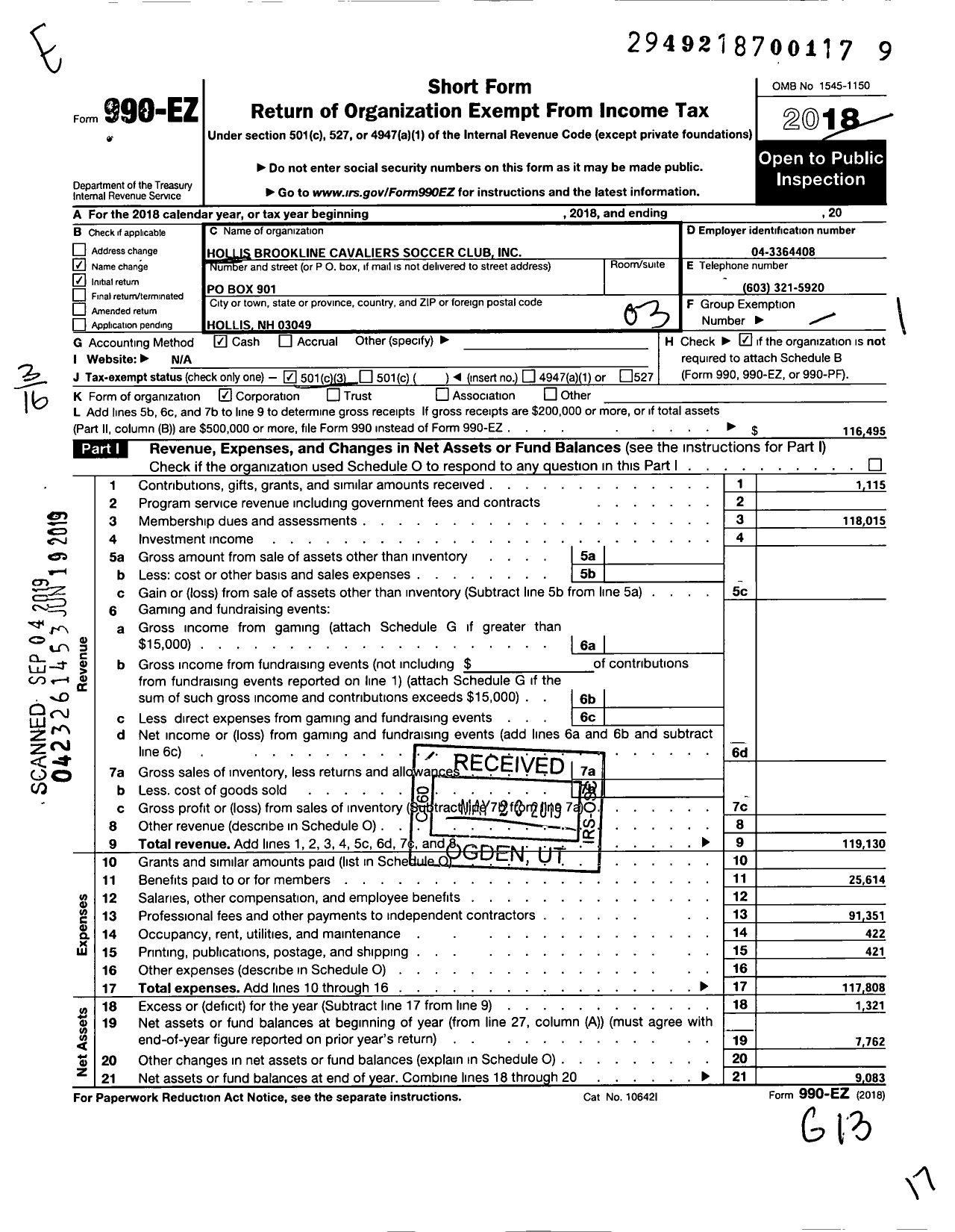 Image of first page of 2018 Form 990EZ for Hollis Brookline Cavaliers Soccer Club