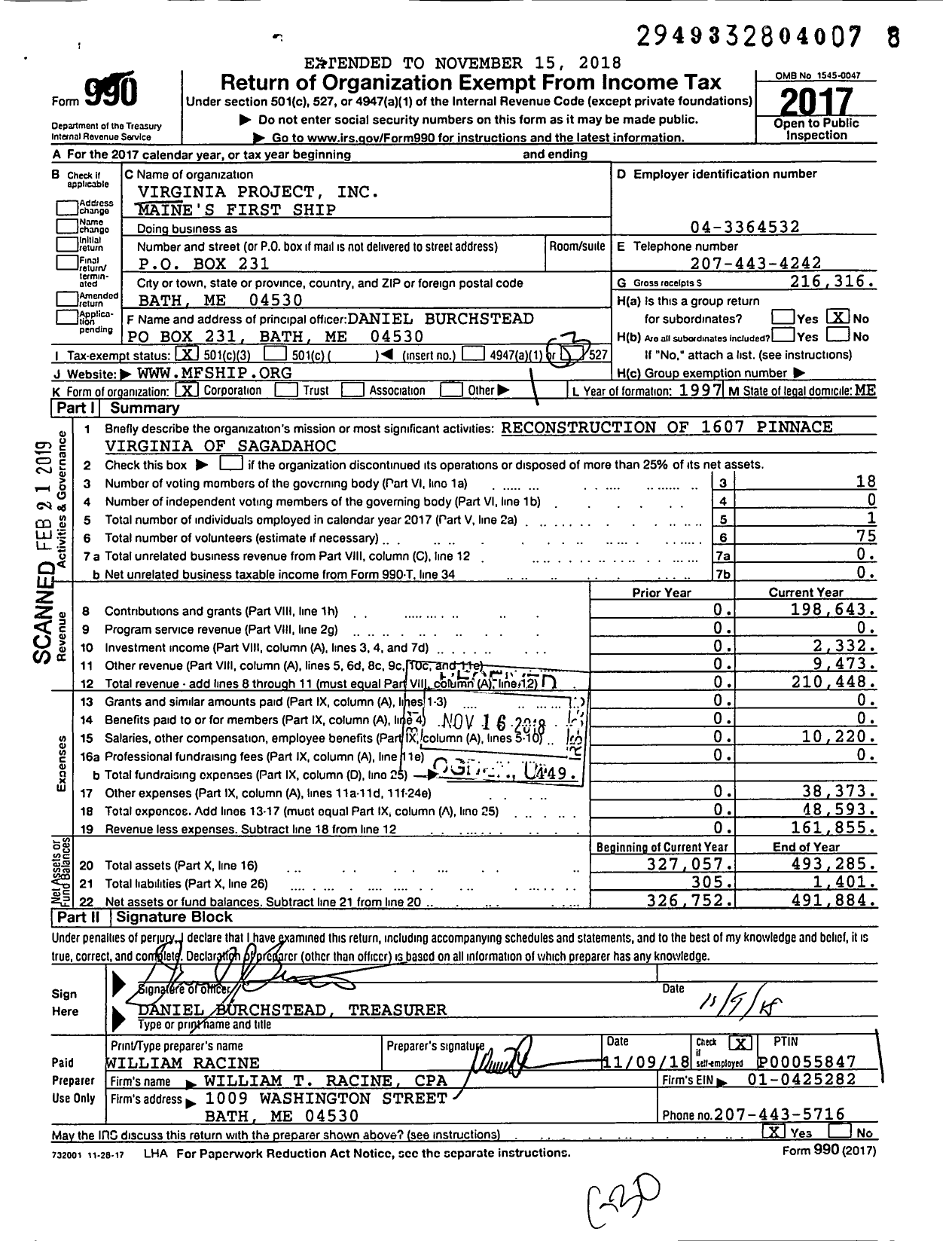 Image of first page of 2017 Form 990 for Virginia Project Maine's First Ship