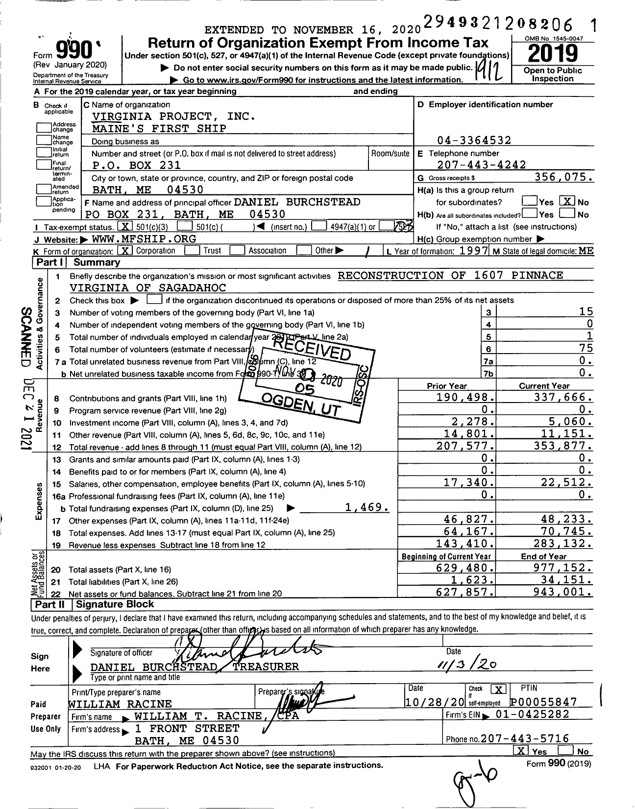Image of first page of 2019 Form 990 for Virginia Project Maine's First Ship