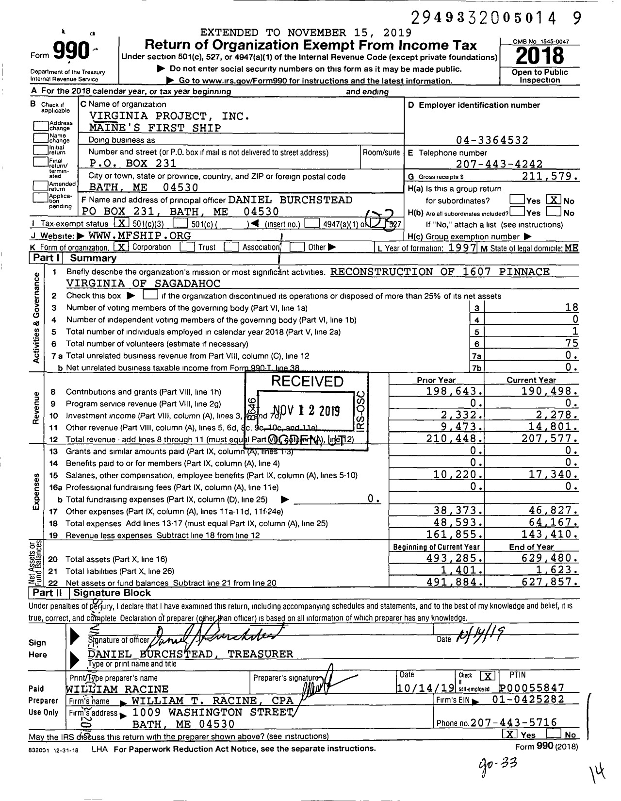 Image of first page of 2018 Form 990 for Virginia Project Maine's First Ship