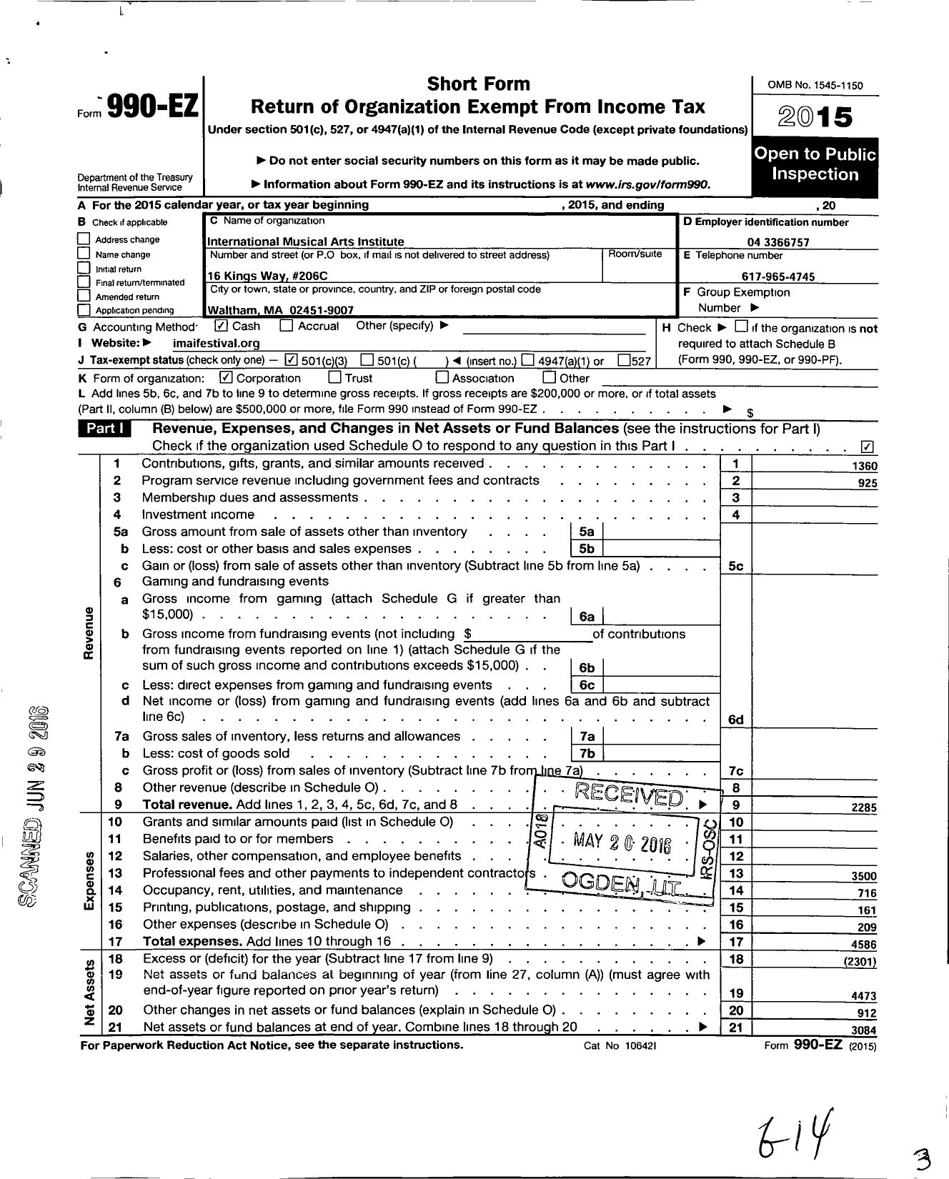 Image of first page of 2015 Form 990EZ for International Musical Arts Institute