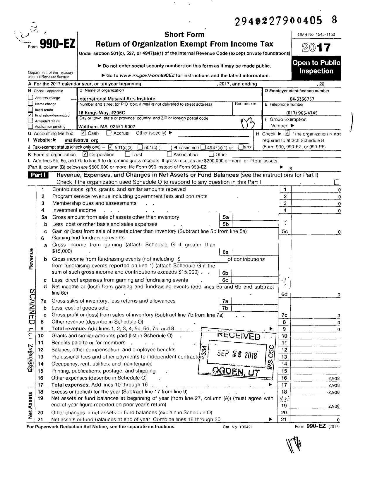 Image of first page of 2017 Form 990EZ for International Musical Arts Institute