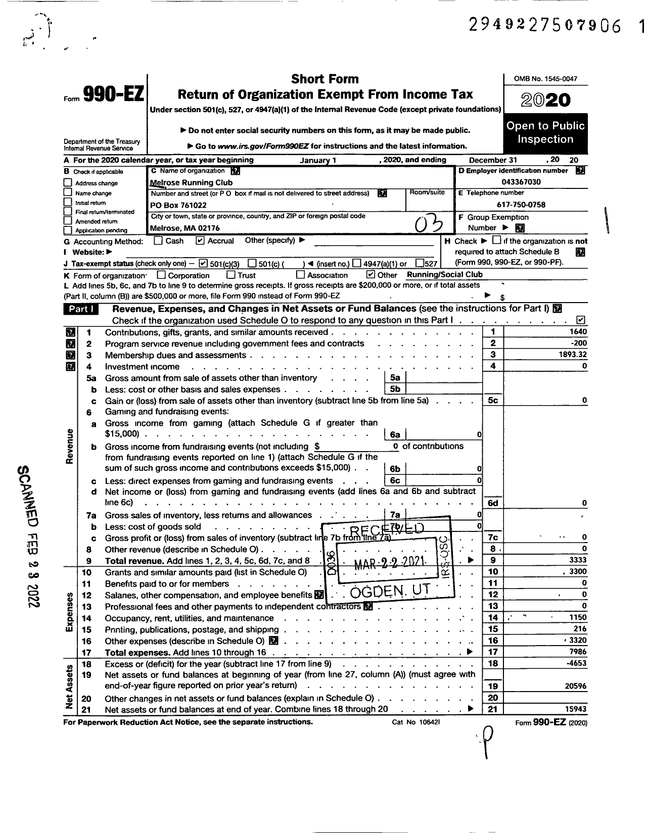 Image of first page of 2020 Form 990EZ for Melrose Running Club