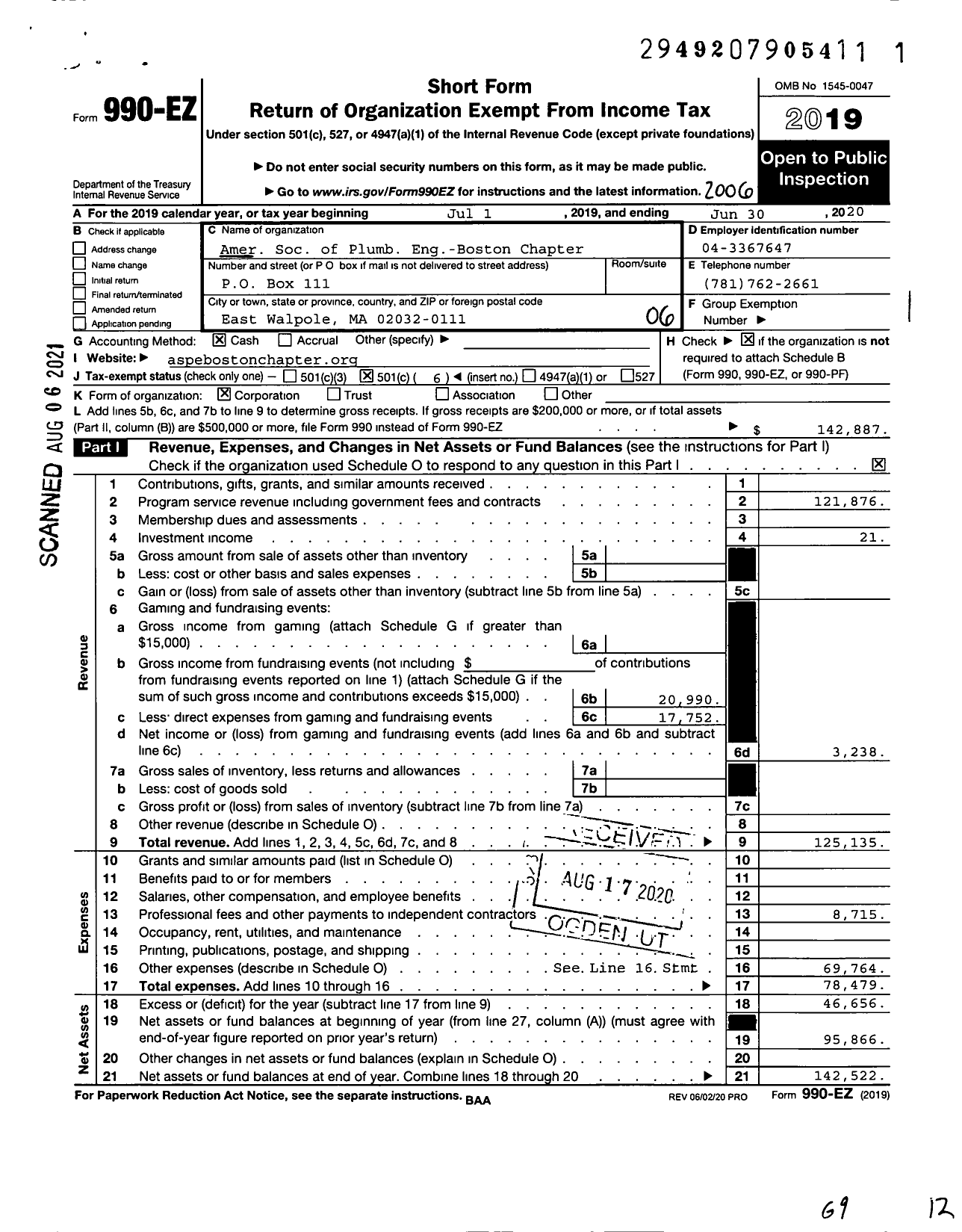 Image of first page of 2019 Form 990EO for Amer Soc of Plumb Eng-Boston Chapter