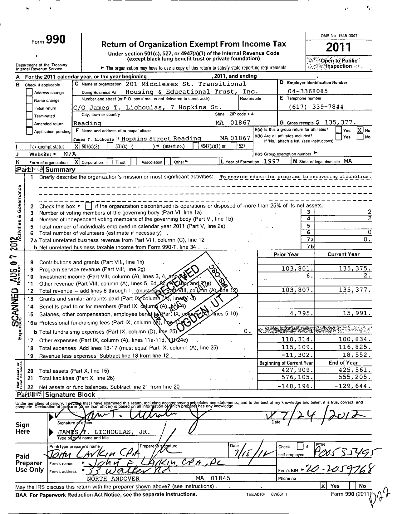 Image of first page of 2011 Form 990 for 201 Middlesex Transitional Hsg and Education Trust