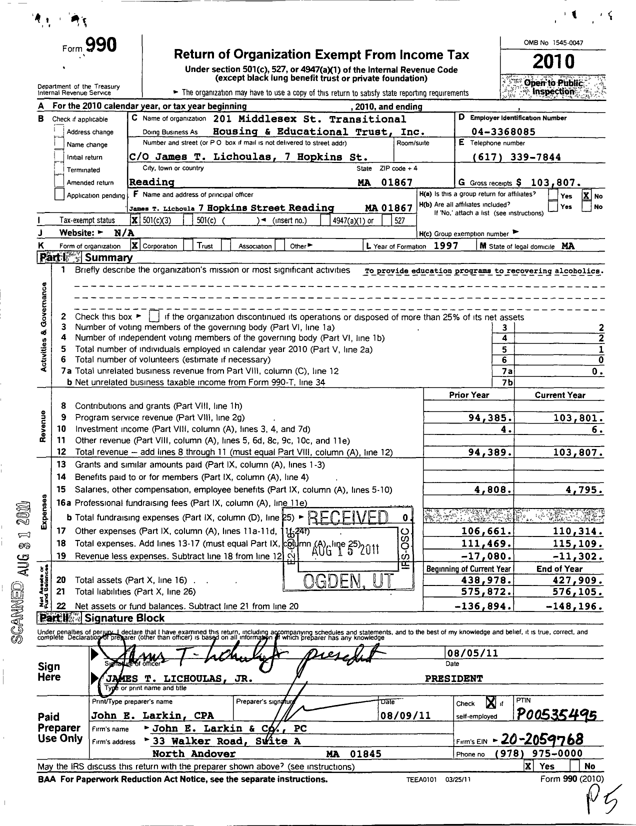 Image of first page of 2010 Form 990 for 201 Middlesex Transitional Hsg and Education Trust