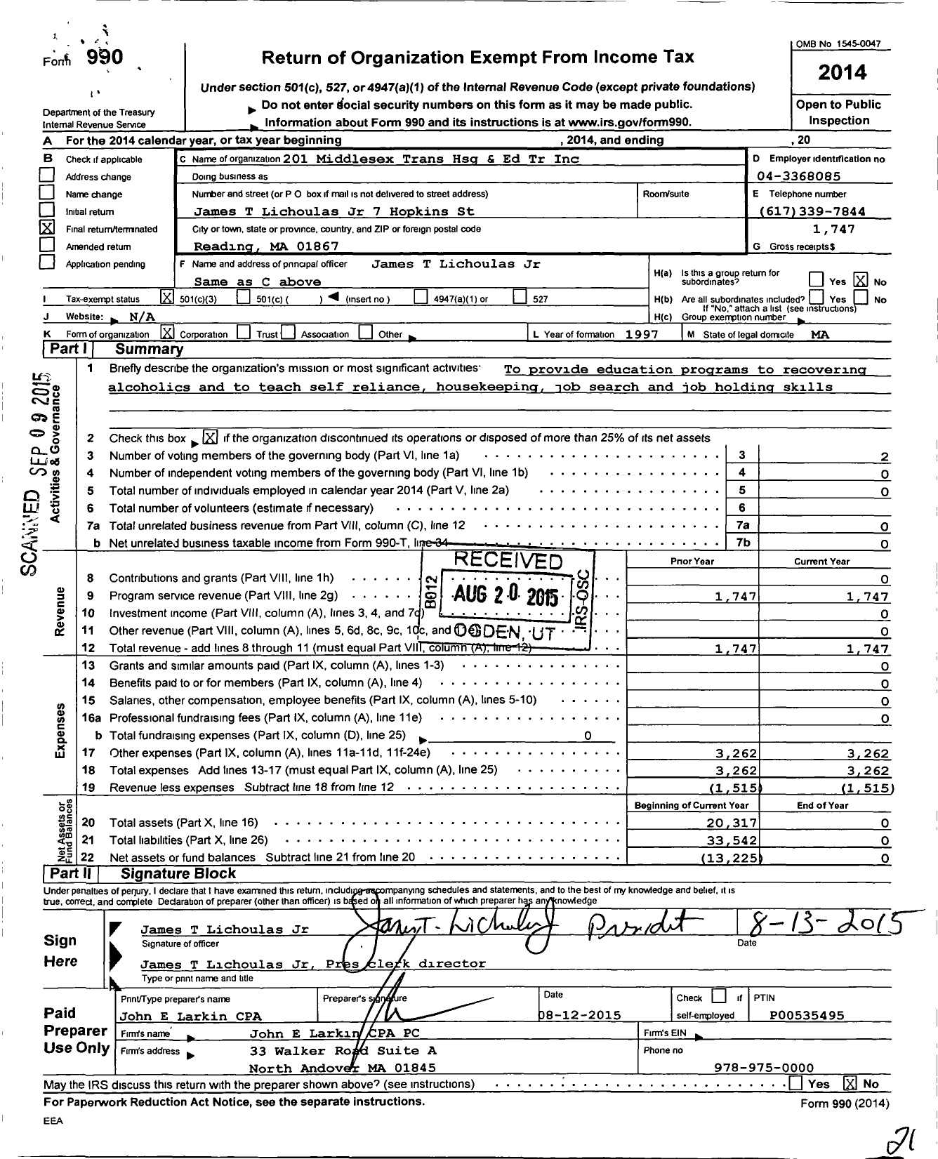 Image of first page of 2014 Form 990 for 201 Middlesex Transitional Hsg and Education Trust