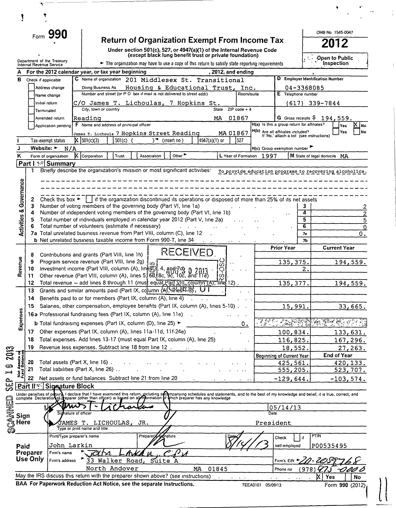 Image of first page of 2012 Form 990 for 201 Middlesex Transitional Hsg and Education Trust