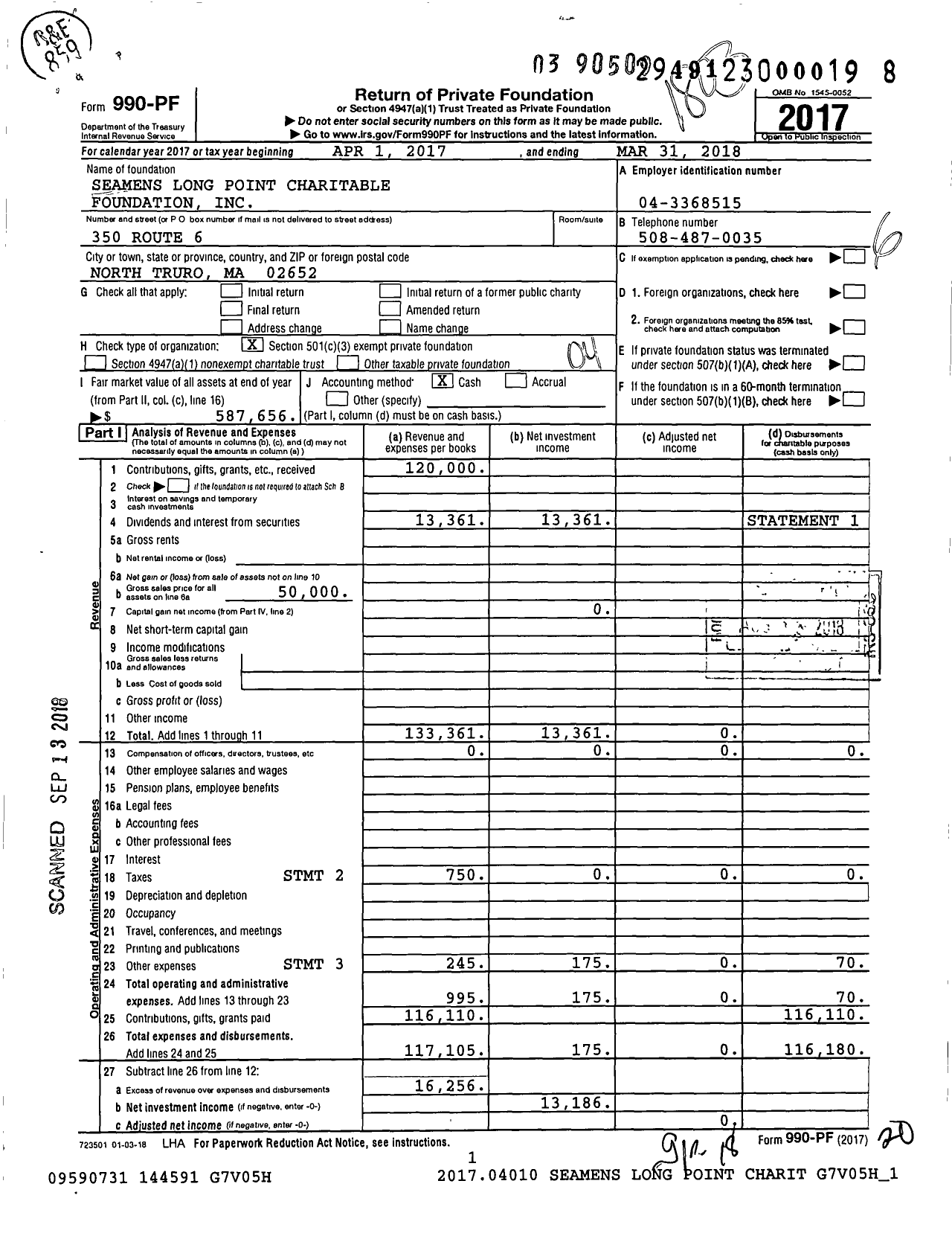 Image of first page of 2017 Form 990PF for Seamens Long Point Charitable Foundation